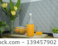 Fresh orange juice in a glass swing-top bottle on a wooden cutting board. 139457902