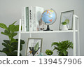 Minimalist home office shelf featuring decorative world globe and botanical art frame. 139457906