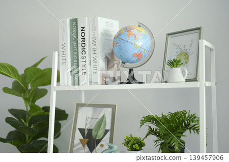 Minimalist home office shelf featuring decorative world globe and botanical art frame. 139457906