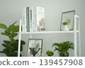 Modern white bookshelf decorated with a globe, books, and green indoor plants. 139457908