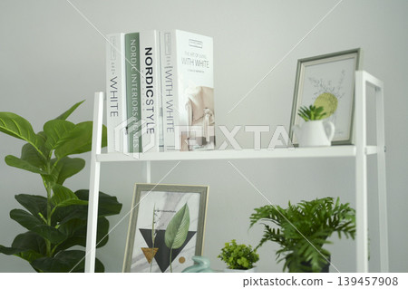 Modern white bookshelf decorated with a globe, books, and green indoor plants. 139457908