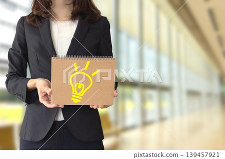 那個提出想法的女人和燈泡符號 那個提出想法的女人和燈泡符號 139457921
