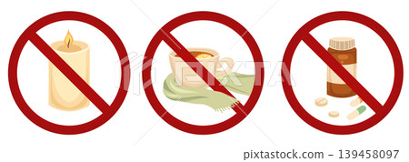 Vector set of prohibition signs. Allergy hazard. A collection of forbidden icons on the topic of self-care. Vector set of prohibition signs. Allergy hazard. A collection of forbidden icons on the topic of self-care. 139458097