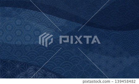 Indigo blue Japanese pattern background material, abstract texture with layered seigaiha (wave pattern) and hemp leaf pattern. 139458482