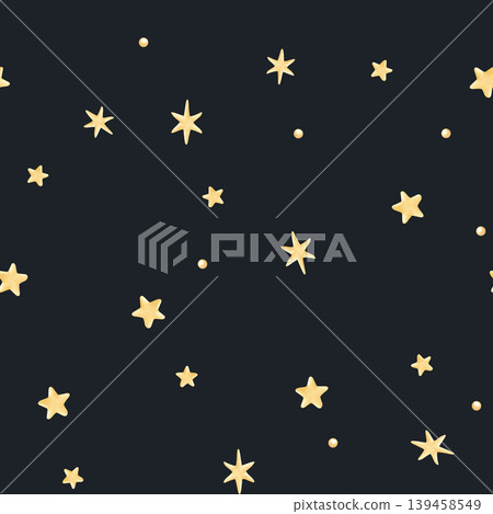 Gold stars at night watercolor seamless pattern on dark blue. Simple yellow stars in cartoon style for baby apparel and Christmas designs. Hand drawn nursery background with black starry sky 139458549