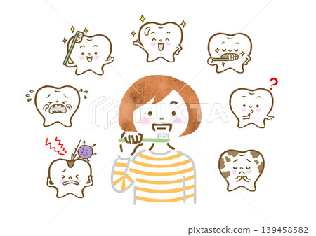 A set of illustrations featuring a woman brushing her teeth and a tooth character. 139458582