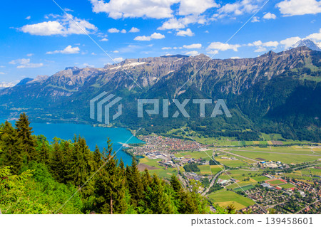 Breathtaking aerial view of Interlaken, Lake Brienz and Swiss Alps from Harder Kulm viewpoint, Switzerland Breathtaking aerial view of Interlaken, Lake Brienz and Swiss Alps from Harder Kulm viewpoint, Switzerland 139458601