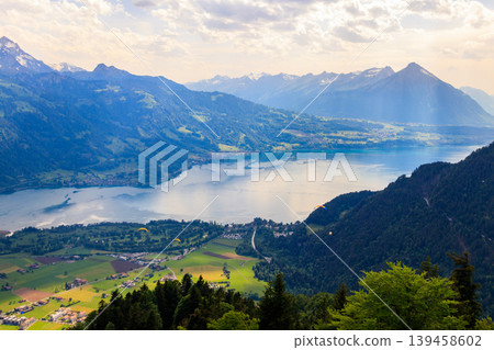 Breathtaking aerial view of Lake Thun and Swiss Alps from Harder Kulm viewpoint, Switzerland Breathtaking aerial view of Lake Thun and Swiss Alps from Harder Kulm viewpoint, Switzerland 139458602