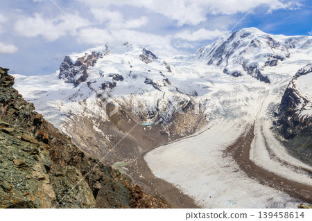 Magnificent panorama of the Pennine Alps with famous Gorner Glacier and impressive snow capped mountains Monte Rosa Massif close to Zermatt, Switzerland Magnificent panorama of the Pennine Alps with famous Gorner Glacier and impressive snow capped mountains Monte Rosa Massif close to Zermatt, Switzerland 139458614
