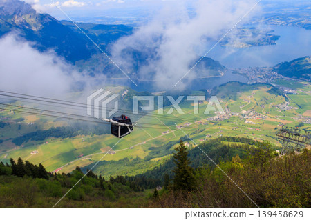 Gondola of Stanserhorn cabrio cable car to Stanserhorn mountain in Switzerland Gondola of Stanserhorn cabrio cable car to Stanserhorn mountain in Switzerland 139458629