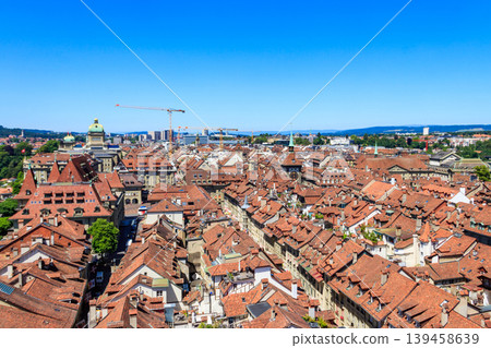Aerial view of Bern old town, Switzerland, UNESCO World Heritage Site from Cathedral bell tower Aerial view of Bern old town, Switzerland, UNESCO World Heritage Site from Cathedral bell tower 139458639