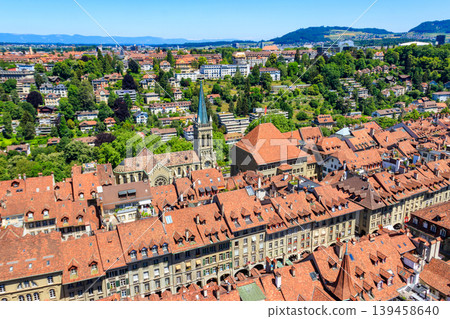 Aerial view of Bern old town, Switzerland, UNESCO World Heritage Site from Cathedral bell tower Aerial view of Bern old town, Switzerland, UNESCO World Heritage Site from Cathedral bell tower 139458640