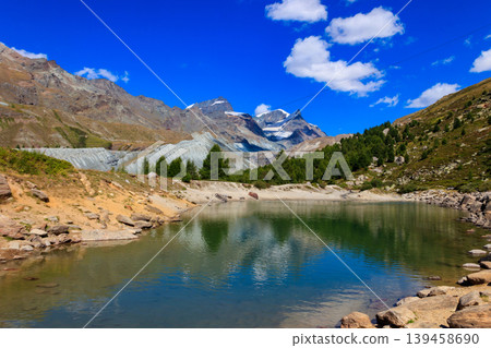 View of Grunsee lake (Green Lake) and the Swiss Alps at summer on the Five Lakes Trail in Zermatt, Switzerland View of Grunsee lake (Green Lake) and the Swiss Alps at summer on the Five Lakes Trail in Zermatt, Switzerland 139458690