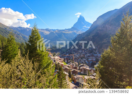 View of Zermatt town and Matterhorn mountain in the Valais canton, Switzerland View of Zermatt town and Matterhorn mountain in the Valais canton, Switzerland 139458692