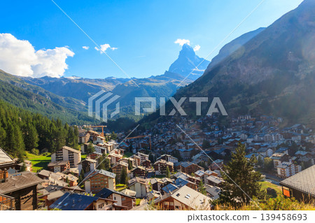 View of Zermatt town and Matterhorn mountain in the Valais canton, Switzerland View of Zermatt town and Matterhorn mountain in the Valais canton, Switzerland 139458693