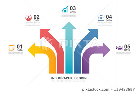 Business infographic design template with five way data colorful arrows. Business infographic design template with five way data colorful arrows. 139458697