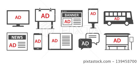 Advertising media offline and online symbols set for marketing and communication strategy. Advertising media offline and online symbols set for marketing and communication strategy. 139458700