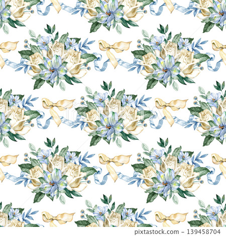 Watercolor seamless pattern with elegant bouquets of cream roses and blue lilies, intertwined with silk ribbons and lush greenery. Delicate hand drawn floral background for wedding textiles. 139458704