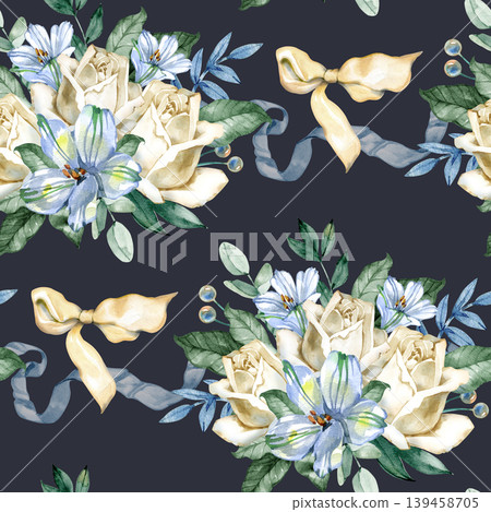 Watercolor seamless pattern with elegant bouquets of cream roses and blue lilies, intertwined with silk ribbons and lush greenery. Delicate hand drawn floral background for wedding textiles. Watercolor seamless pattern with elegant bouquets of cream roses and blue lilies, intertwined with silk ribbons and lush greenery. Delicate hand drawn floral background for wedding textiles. 139458705
