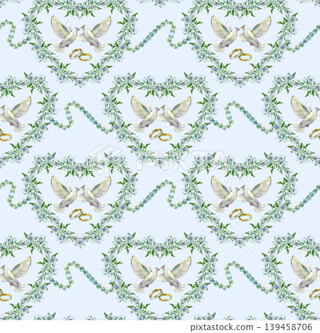 Watercolor seamless pattern featuring wedding hearts made of blue flowers, white doves, gold rings, and silk ribbons. Elegant hand drawn romantic background for textile, wallpaper, and wrapping paper. Watercolor seamless pattern featuring wedding hearts made of blue flowers, white doves, gold rings, and silk ribbons. Elegant hand drawn romantic background for textile, wallpaper, and wrapping paper. 139458706