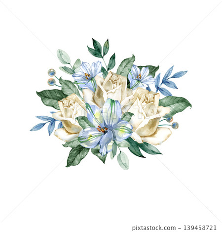 Watercolor floral bouquet featuring delicate cream roses and soft blue lilies with lush green leaves and eucalyptus. Elegant hand drawn botanical illustration for wedding invitations and greeting Watercolor floral bouquet featuring delicate cream roses and soft blue lilies with lush green leaves and eucalyptus. Elegant hand drawn botanical illustration for wedding invitations and greeting 139458721