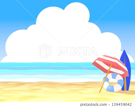 一幅以 3DCG 製作的夏日海灘風景畫,畫面中有積雨雲、衝浪板和陽傘。 一幅以 3DCG 製作的夏日海灘風景畫,畫面中有積雨雲、衝浪板和陽傘。 139459042
