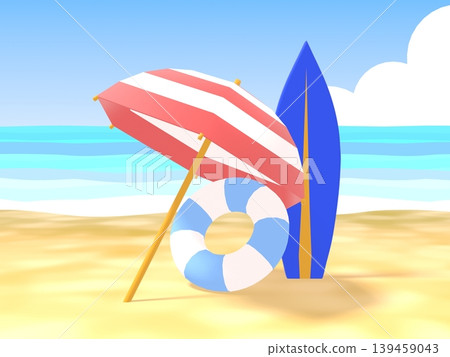 A 3DCG scene of a summer beach with surfboards and parasols. A 3DCG scene of a summer beach with surfboards and parasols. 139459043