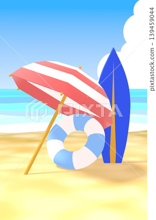 一幅描繪夏季海灘的3DCG垂直景觀圖，畫面中有衝浪板和遮陽傘。 139459044