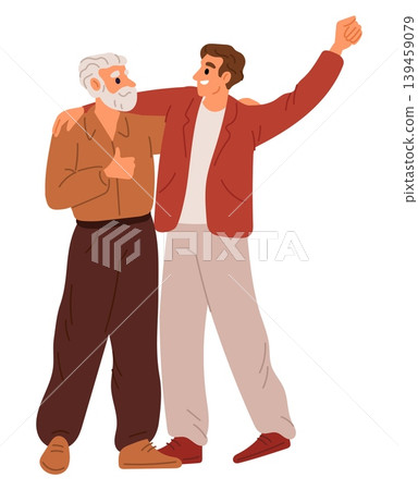 Contented elderly man embraces his son or grandson. Two generations spend time together. Relatives cuddles. Senior grandfather hugging young guy. Family communication. Vector concept Contented elderly man embraces his son or grandson. Two generations spend time together. Relatives cuddles. Senior grandfather hugging young guy. Family communication. Vector concept 139459079