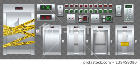 Elevator door and buttons. Realistic metal doorway with electronic arrows. Panel with stage indicators. Closed and open steel cabin gate. Lobby interior isolated 3D elements vector set 139459080