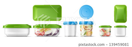 Empty and filled food containers. Realistic transparent plastic boxes with sliced fruits and vegetables. Packaging with colored lids. Top and side view. Vector isolated packages set Empty and filled food containers. Realistic transparent plastic boxes with sliced fruits and vegetables. Packaging with colored lids. Top and side view. Vector isolated packages set 139459081