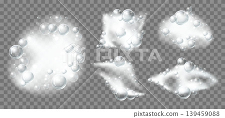 Foaming bath soap. Realistic soft shampoo mousse flakes. Bathing liquid with clear beads. Detergent balls. Washing suds heap. Vector 3D froth elements set on transparent background Foaming bath soap. Realistic soft shampoo mousse flakes. Bathing liquid with clear beads. Detergent balls. Washing suds heap. Vector 3D froth elements set on transparent background 139459088