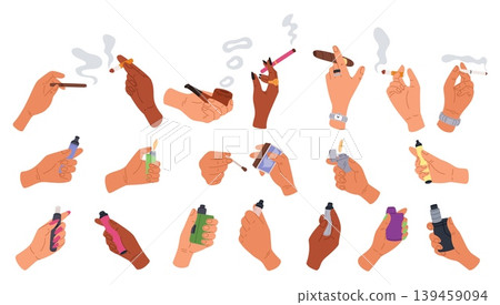 Human hands holding cigarettes and vapes. Mens and womens arms. Unhealthy addiction. Tobacco smoking and vaping. Lighters and matches. Bad habits. Smokers cigar. Nicotine smoke vector set Human hands holding cigarettes and vapes. Mens and womens arms. Unhealthy addiction. Tobacco smoking and vaping. Lighters and matches. Bad habits. Smokers cigar. Nicotine smoke vector set 139459094