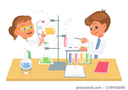 Little scientists. Kids in lab coats hold test tubes. Chemical glass flasks and beakers. Young chemists conducting scientific experiments. Laboratory research. Splendid vector concept Little scientists. Kids in lab coats hold test tubes. Chemical glass flasks and beakers. Young chemists conducting scientific experiments. Laboratory research. Splendid vector concept 139459099