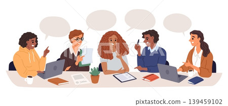 Male and female coworkers hold meeting at large desk. Employees group brainstorm in office. Colleagues teamwork. Business conference. Corporate workers communication. Vector concept Male and female coworkers hold meeting at large desk. Employees group brainstorm in office. Colleagues teamwork. Business conference. Corporate workers communication. Vector concept 139459102