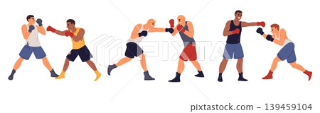 Male boxers wearing boxing gloves during sparring. Young athletes engaged in sports training. Kickboxers tournament. Boxer beats and hits. Uppercut punch and hook. Vector fighters set Male boxers wearing boxing gloves during sparring. Young athletes engaged in sports training. Kickboxers tournament. Boxer beats and hits. Uppercut punch and hook. Vector fighters set 139459104