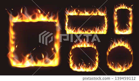 Realistic depictions of flames. Various shapes of burning thin frames. Orange glowing of fire. Shiny circle or square borders. Dangerous wildfire. Blazing rectangle. Igniting vector set Realistic depictions of flames. Various shapes of burning thin frames. Orange glowing of fire. Shiny circle or square borders. Dangerous wildfire. Blazing rectangle. Igniting vector set 139459112