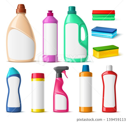 Realistic detergent bottles. Plastic packaging with blank labels. 3D packages mockup. Dishwashing sponge. Laundry cleanser. Housekeeping soap. Vector set of household cleaning products Realistic detergent bottles. Plastic packaging with blank labels. 3D packages mockup. Dishwashing sponge. Laundry cleanser. Housekeeping soap. Vector set of household cleaning products 139459113
