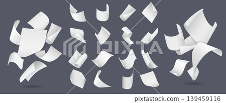 Realistic flying blank sheets of office paper. Crumpled white notebook pages. Cards of various shapes. Soaring documents in air. Scattered letters. Isolated curved objects vector set Realistic flying blank sheets of office paper. Crumpled white notebook pages. Cards of various shapes. Soaring documents in air. Scattered letters. Isolated curved objects vector set 139459116