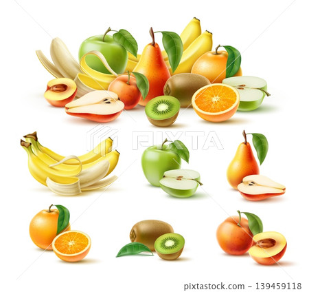 Realistic fruits. Sweet juicy orange, peach or pear. Green apple. Vitamin nutrition. Kiwi and peach halves. Delicious apricot. 3D fresh citrus. Natural product. Garden harvest vector set Realistic fruits. Sweet juicy orange, peach or pear. Green apple. Vitamin nutrition. Kiwi and peach halves. Delicious apricot. 3D fresh citrus. Natural product. Garden harvest vector set 139459118