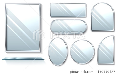 Realistic glass banner in frame with shelf. Square or oval 3D mirrors. Transparent reflective surfaces various shapes. Minimalist metal borders. Bathroom interior isolated object vector set 139459127