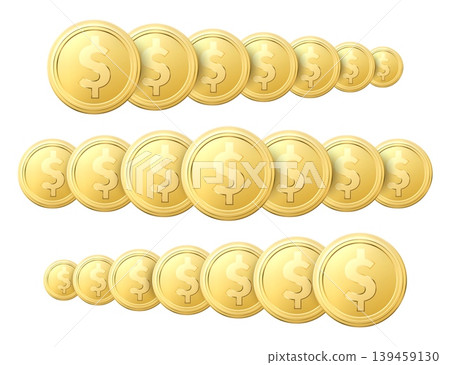 Realistic gold coins arranged in row against white background. Golden cash view perspective. Money savings. Finance success. Casino jackpot. Dollars in line. Vector banking objects set Realistic gold coins arranged in row against white background. Golden cash view perspective. Money savings. Finance success. Casino jackpot. Dollars in line. Vector banking objects set 139459130
