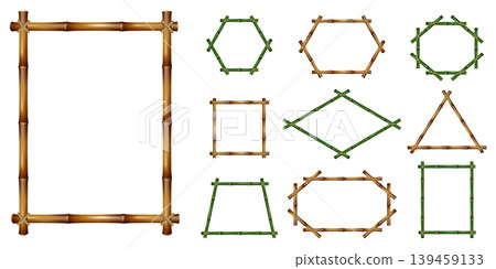Realistic green and brown bamboo frames. Geometric structures made of natural cane stalks. Isolated wooden borders of various shapes. Tree trunks. Vector summer beach frameworks set Realistic green and brown bamboo frames. Geometric structures made of natural cane stalks. Isolated wooden borders of various shapes. Tree trunks. Vector summer beach frameworks set 139459133