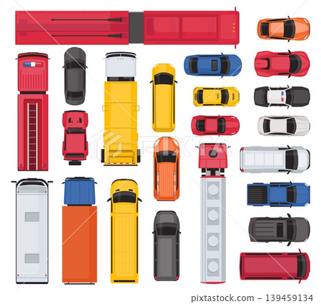 Top view of public transport and passenger cars. City vehicles. Taxis or police sedans. Firefighter engines. School buses. Trolleybuses and cargo trucks. Road automobiles vector set 139459134
