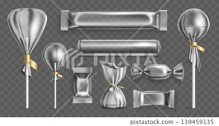 Transparent packaging for candies. Realistic mockups of plastic wrappers for various sweets. Lolli wrap. Package elements on transparent background. Individual clear packs vector set Transparent packaging for candies. Realistic mockups of plastic wrappers for various sweets. Lolli wrap. Package elements on transparent background. Individual clear packs vector set 139459135
