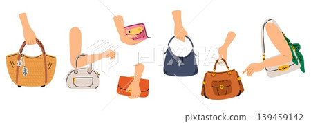 Womens hands holding bags. Leather female accessories. Designer handbags. Fashionable wallets and clutches. Modern shopper. Casual crossbody. Fashion shopping. Vector trendy clothes set Womens hands holding bags. Leather female accessories. Designer handbags. Fashionable wallets and clutches. Modern shopper. Casual crossbody. Fashion shopping. Vector trendy clothes set 139459142