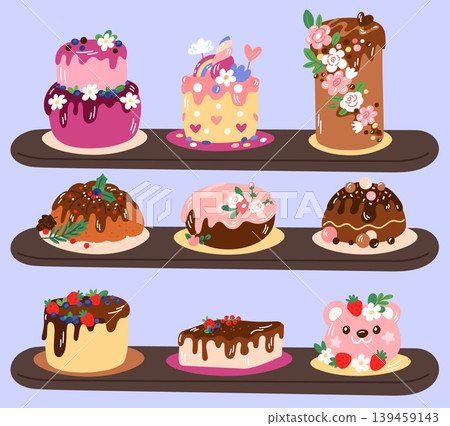 Wooden shelving in bakery or shop with cake trays. Cupcakes or sweet pies. Chocolate glazed pastries on counter. Delicious food showcase. Confectionery store. Vector desserts shelves set Wooden shelving in bakery or shop with cake trays. Cupcakes or sweet pies. Chocolate glazed pastries on counter. Delicious food showcase. Confectionery store. Vector desserts shelves set 139459143