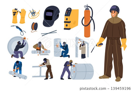 Cartoon welders at work. Men in protective masks welding metal. Workman wearing protective gear. Safety uniform. Steel pipes connection. Industrial metalworking. Vector elements set Cartoon welders at work. Men in protective masks welding metal. Workman wearing protective gear. Safety uniform. Steel pipes connection. Industrial metalworking. Vector elements set 139459196