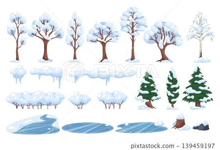 Cartoon winter nature elements. Snowy trees and bushes. Water lake ice. Shrubs with snowdrifts. Wild forest. Snow with icicles. Frozen pond and puddles. Cold season. Recent vector set Cartoon winter nature elements. Snowy trees and bushes. Water lake ice. Shrubs with snowdrifts. Wild forest. Snow with icicles. Frozen pond and puddles. Cold season. Recent vector set 139459197