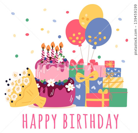 Celebrating birthday. Large sweet cake with candles. Gift boxes with presents. Dessert pie. Inflatable balloons and confetti. Anniversary holiday. Flower bouquet. Vector greeting card Celebrating birthday. Large sweet cake with candles. Gift boxes with presents. Dessert pie. Inflatable balloons and confetti. Anniversary holiday. Flower bouquet. Vector greeting card 139459199